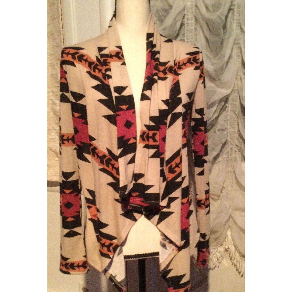 Women Cardigan Aztec Boho USA Made 3/4 Sleeve SZ S Open Front